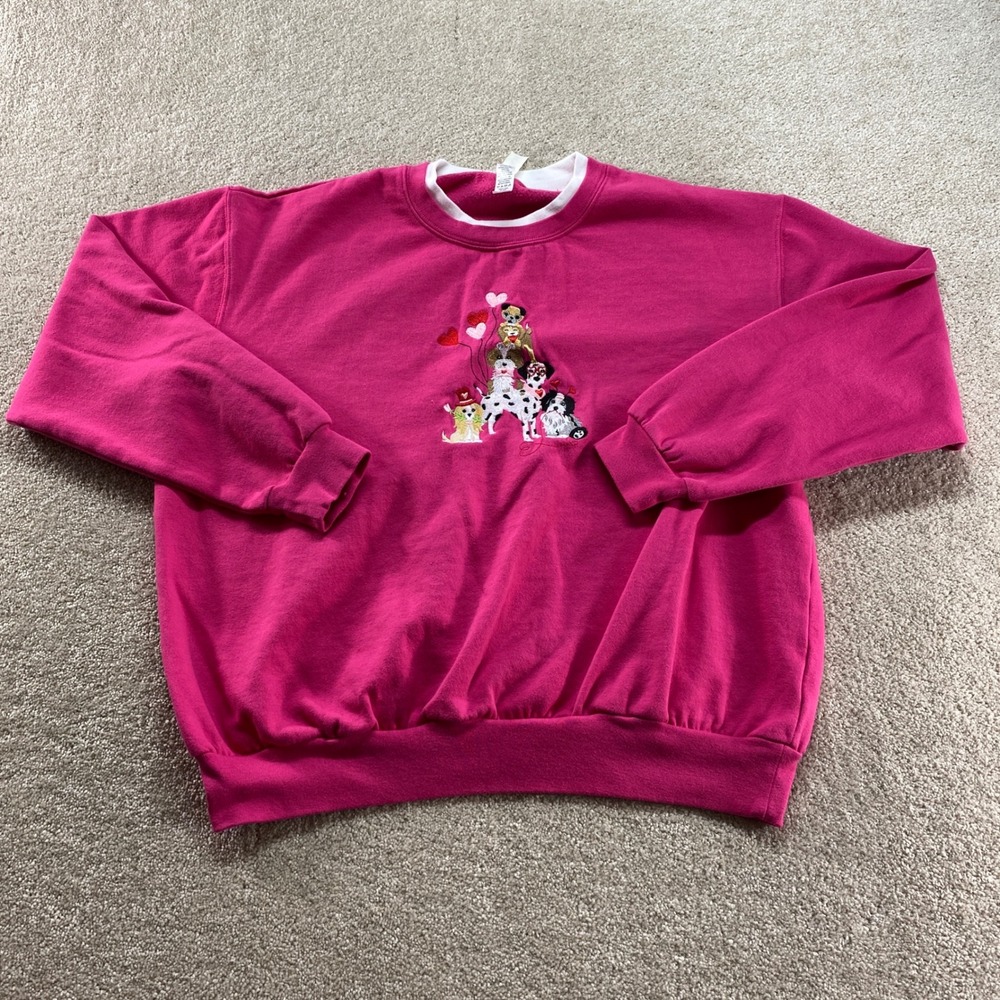 Morning Sun Sweatshirt Womens XL Pink Dog Heart Embroidery Crew Neck Pullover